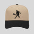 Beige and black cap with a black silhouette of a person on a gray background